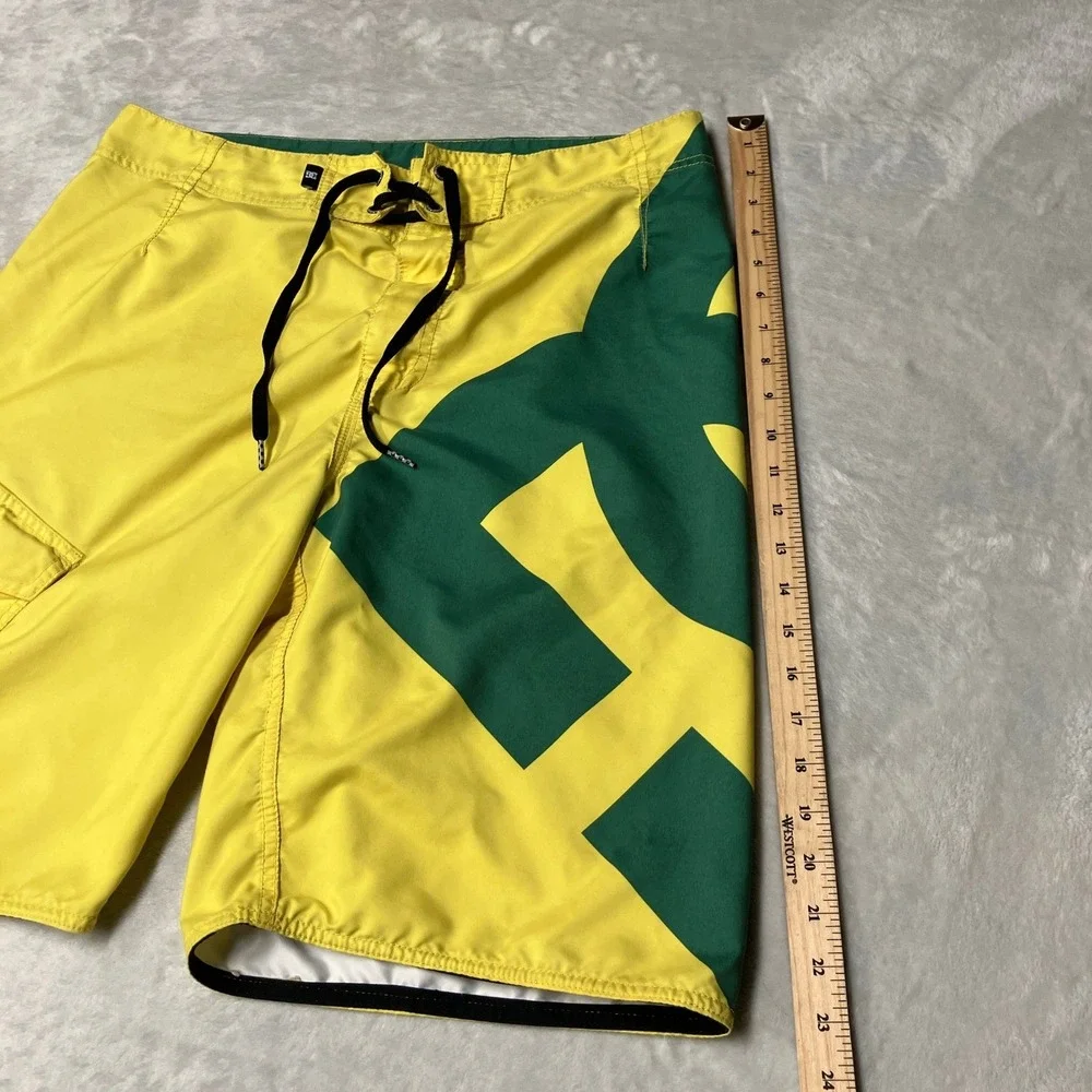 Y2K DC Shoes Board Shorts Swim Trunks Big Logo Hit Yellow Green Skater Mens 36